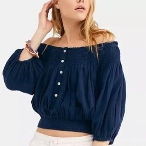 Free People Dancing Till Dawn Smocked‎ Off-The-Shoulder Top Size X-small Blue